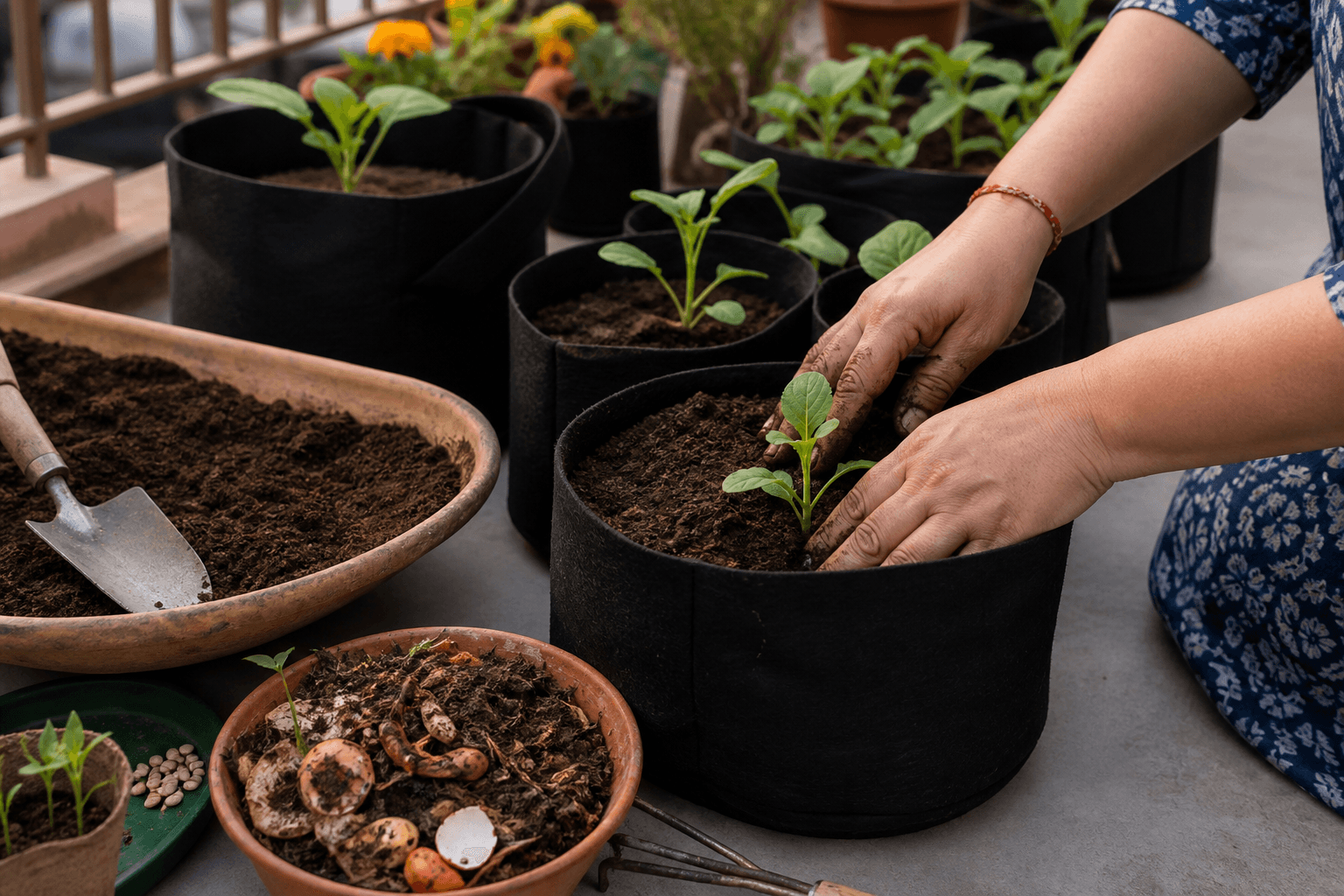 Soil and vegetable seedlings being prepared